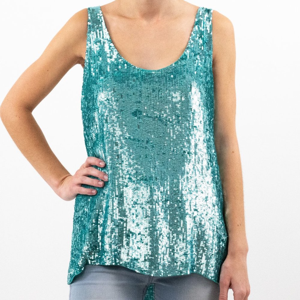 Anthropologie XS Italian Silk Sequin Top Turquoise